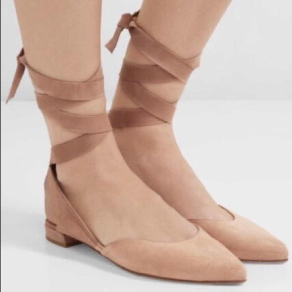NWOT Stuart Weitzman Supersonic Naked Suede Tan Camel Flats Lace Up Almond Toe 9